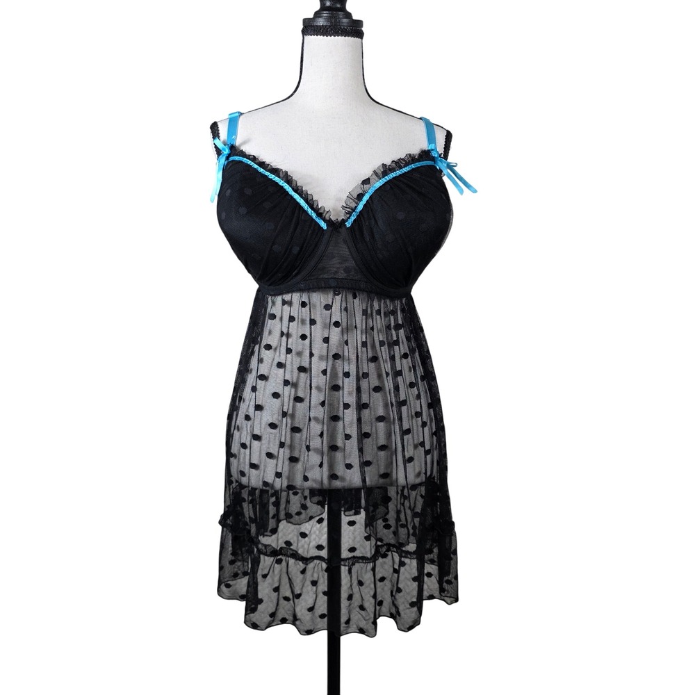 Polka Dot Mesh Underwire Babydoll Chemise Black Blue Plus Size 2X Lingerie, Sexy
